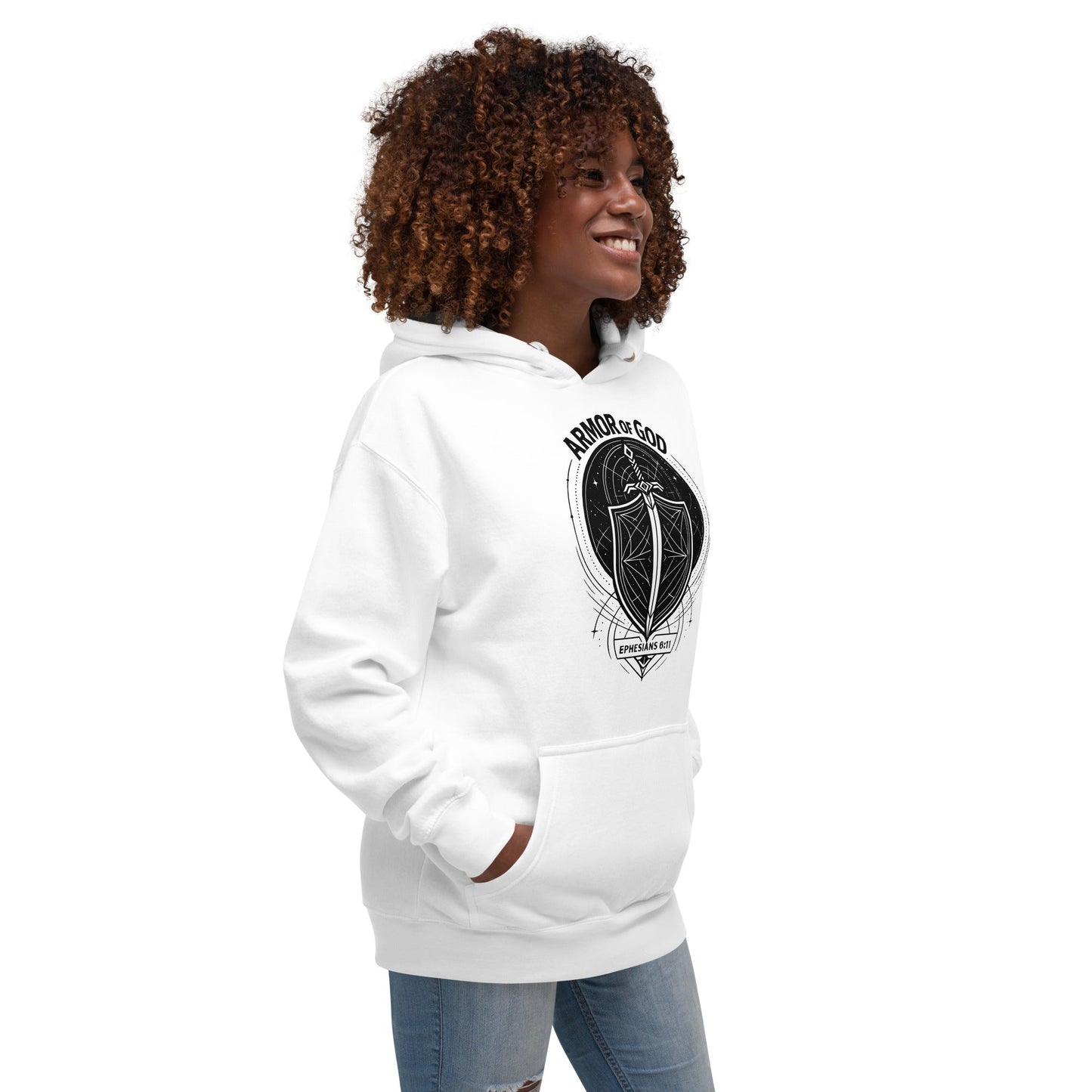 Ephesians 6:11 Unisex White Christian Hoodie Armour of God Design - WPiF