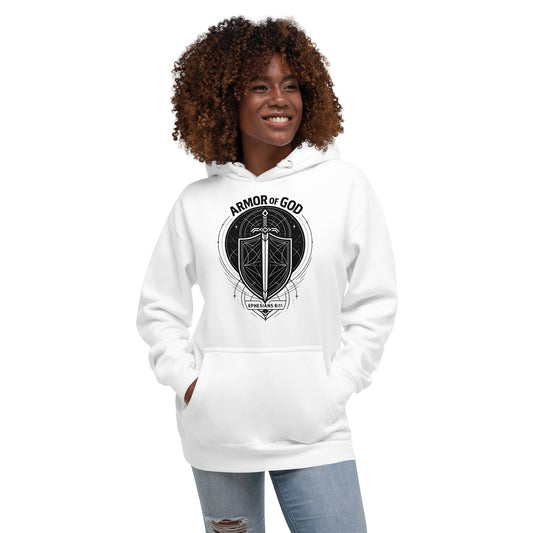 Ephesians 6:11 Unisex White Christian Hoodie Armour of God Design - WPiF