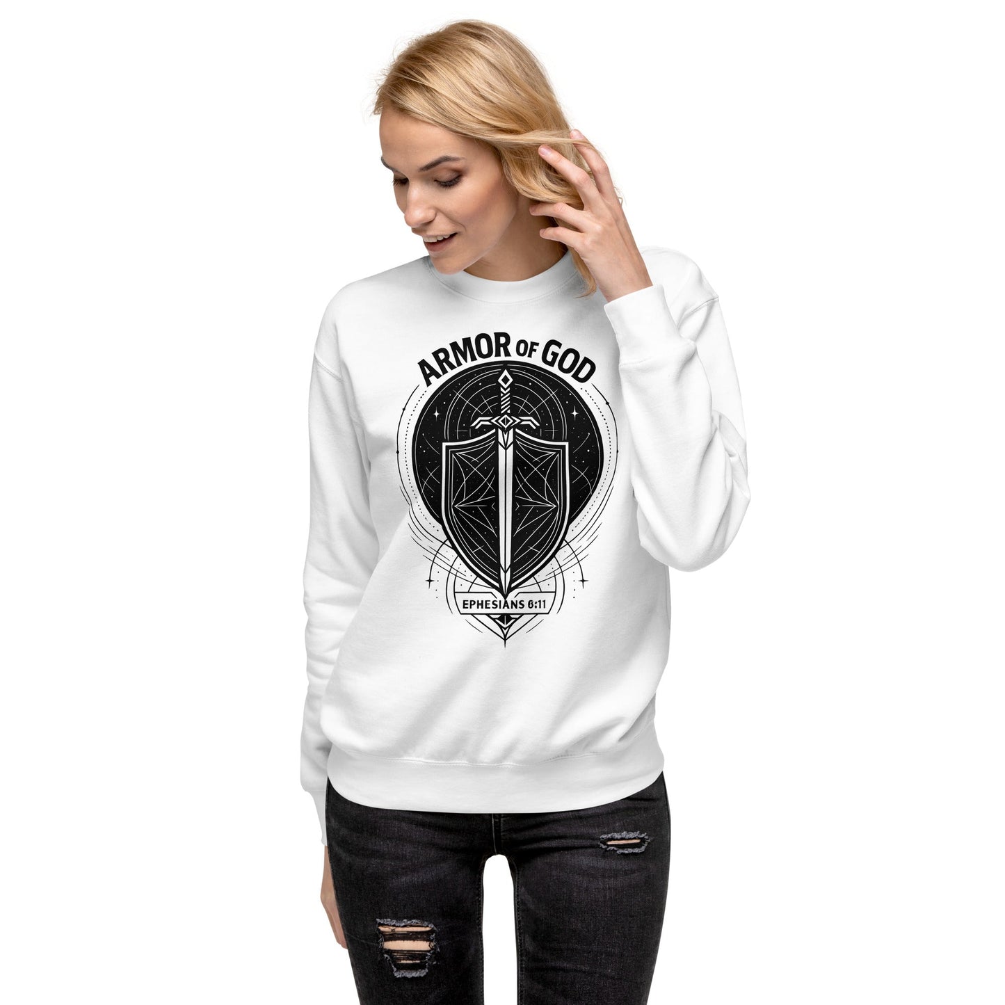 Ephesians 6:11 Unisex White Christian Sweater Armour of God - WPiF