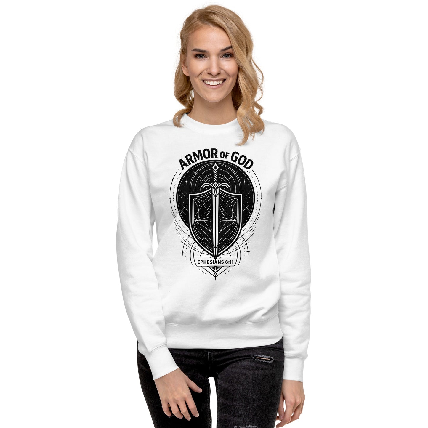 Ephesians 6:11 Unisex White Christian Sweater Armour of God - WPiF
