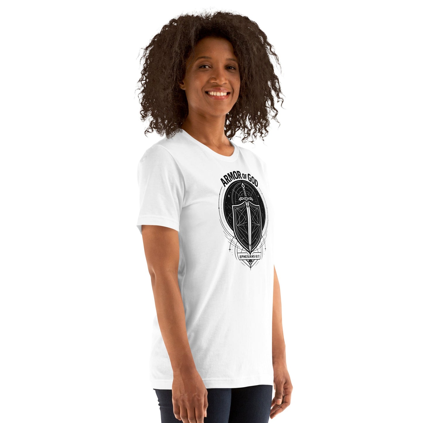Ephesians 6:11 Unisex White Christian T-Shirt Armour of God Design - WPiF