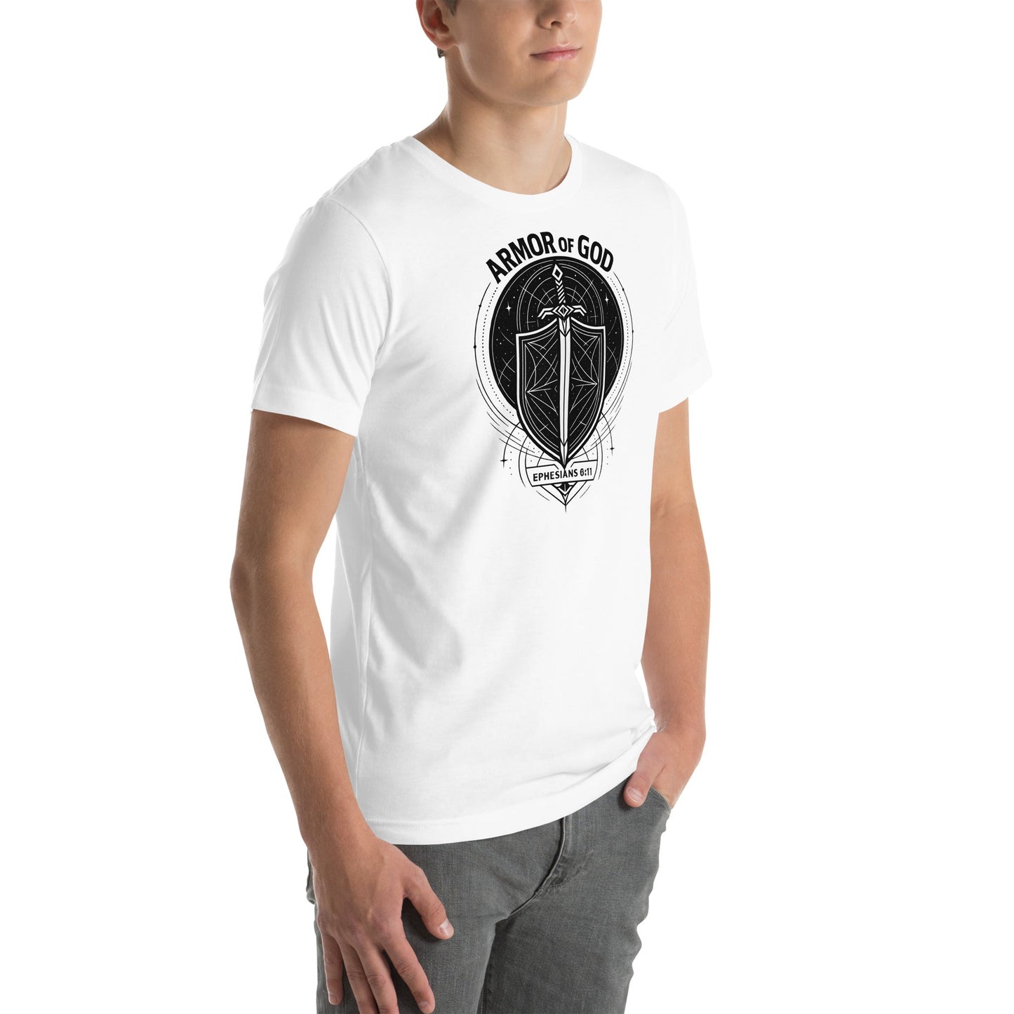 Ephesians 6:11 Unisex White Christian T-Shirt Armour of God Design - WPiF