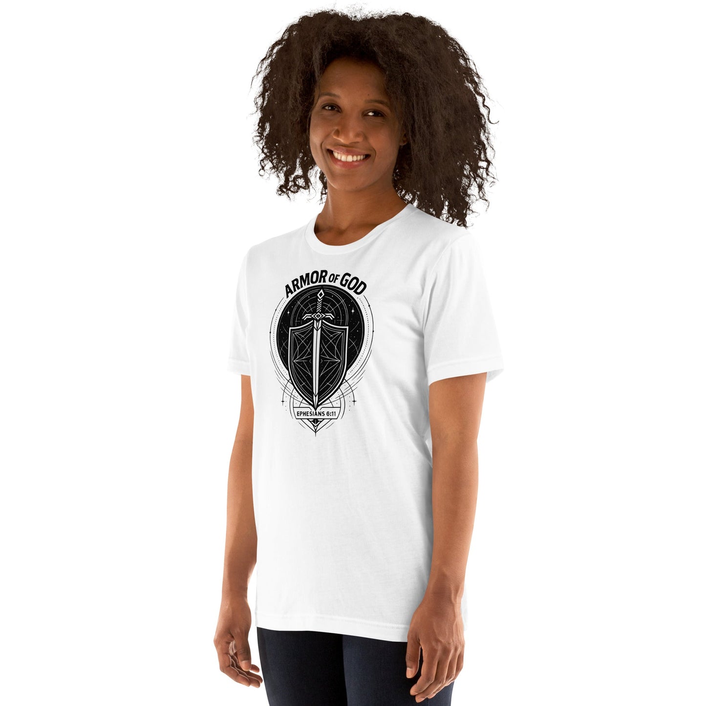Ephesians 6:11 Unisex White Christian T-Shirt Armour of God Design - WPiF