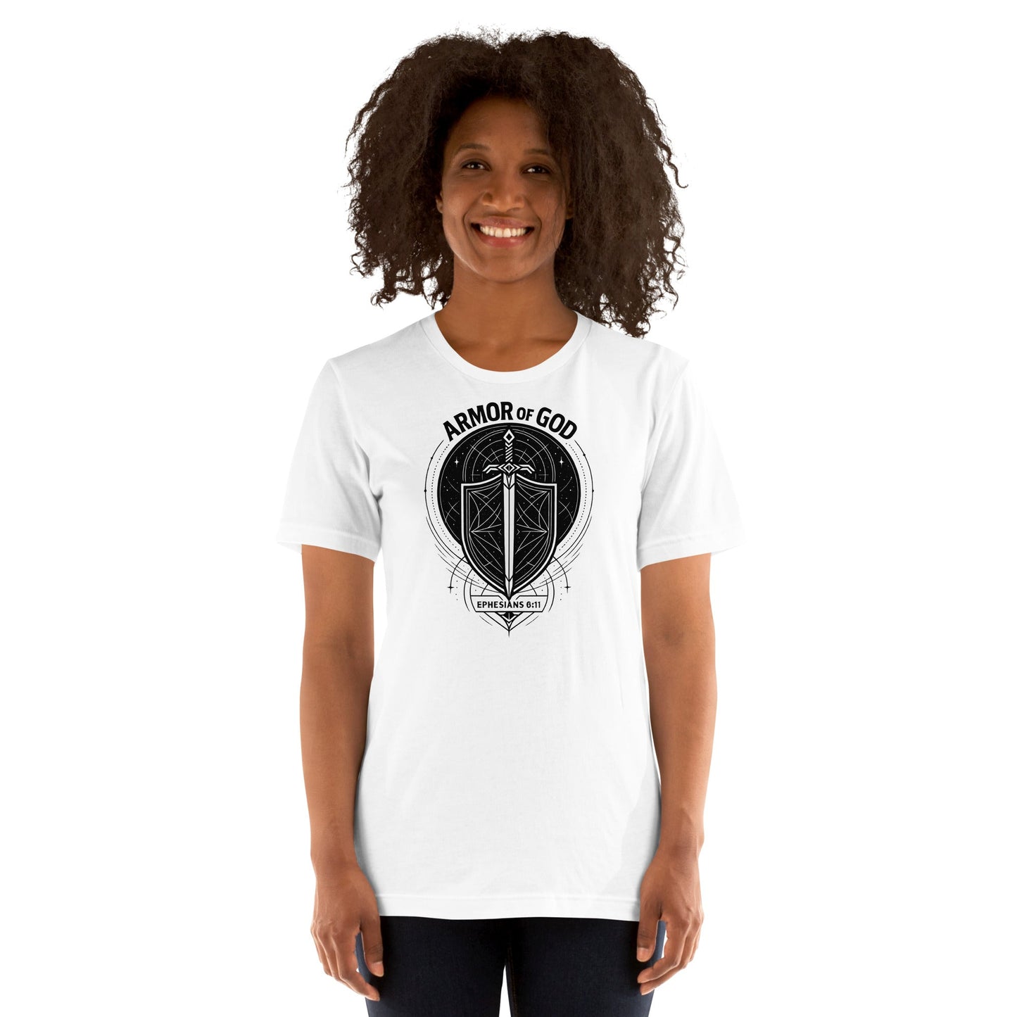 Ephesians 6:11 Unisex White Christian T-Shirt Armour of God Design - WPiF