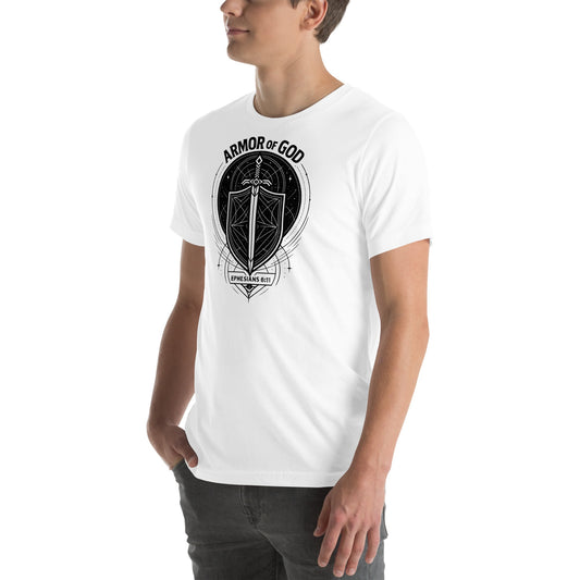 Ephesians 6:11 Unisex White Christian T-Shirt Armour of God Design - WPiF