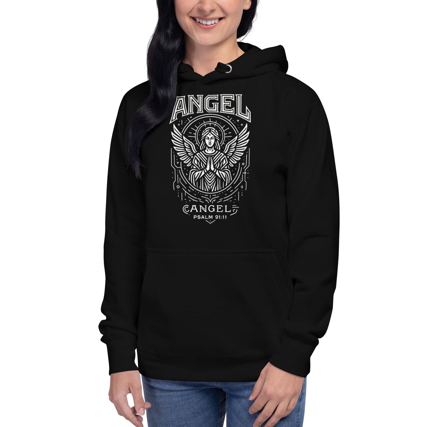 Psalm 91:11 Unisex Black Christian Hoodie Angel Faith Design - WPiF
