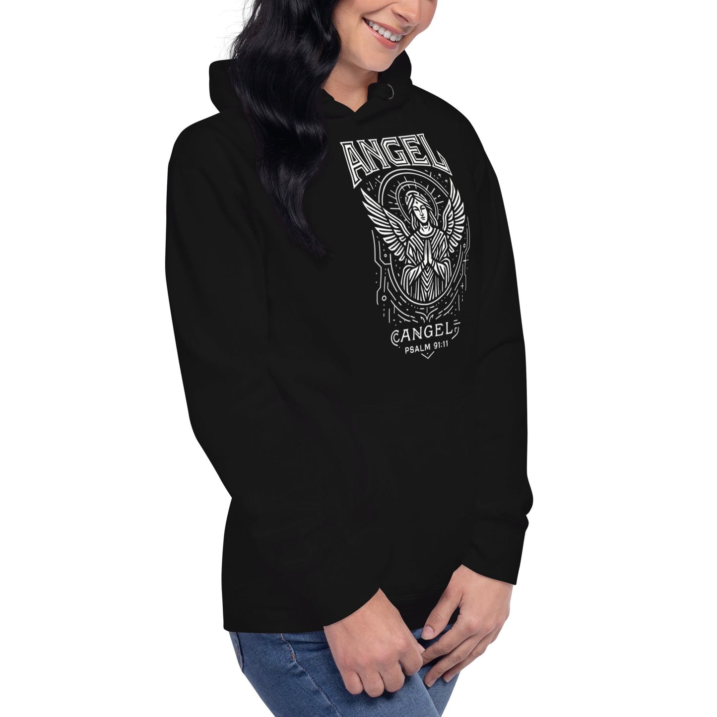 Psalm 91:11 Unisex Black Christian Hoodie Angel Faith Design - WPiF