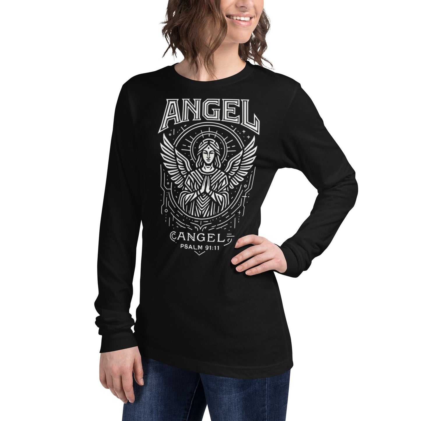 Psalm 91:11 Unisex Black Christian Long Sleeve Angel Faith Design - WPiF