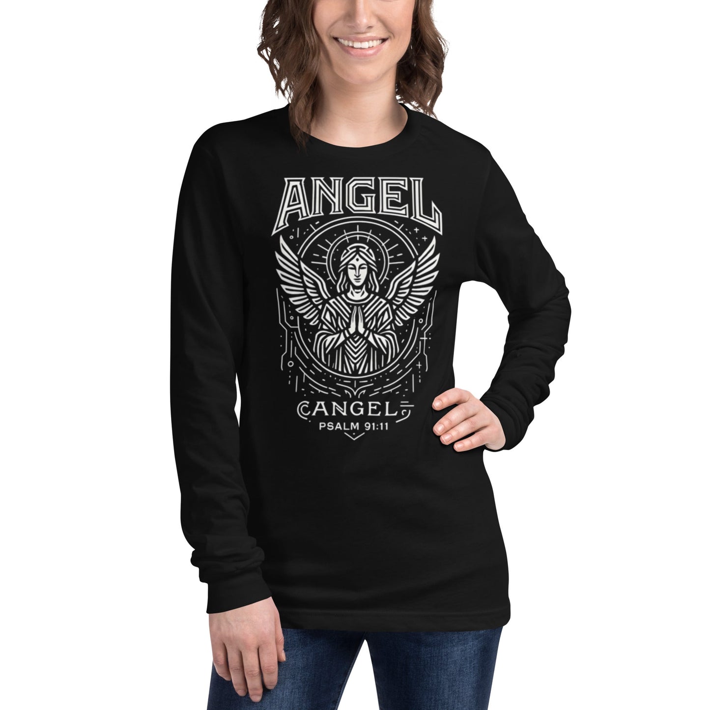 Psalm 91:11 Unisex Black Christian Long Sleeve Angel Faith Design - WPiF