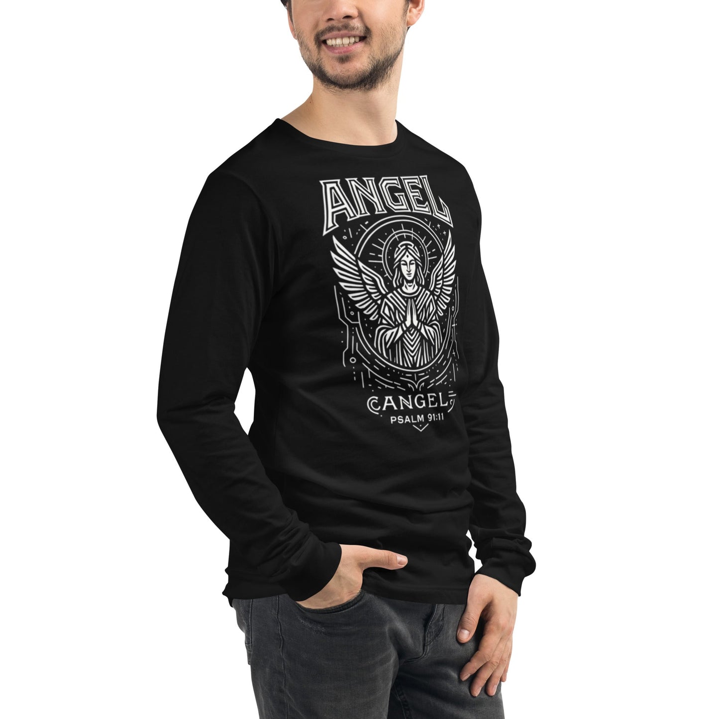 Psalm 91:11 Unisex Black Christian Long Sleeve Angel Faith Design - WPiF