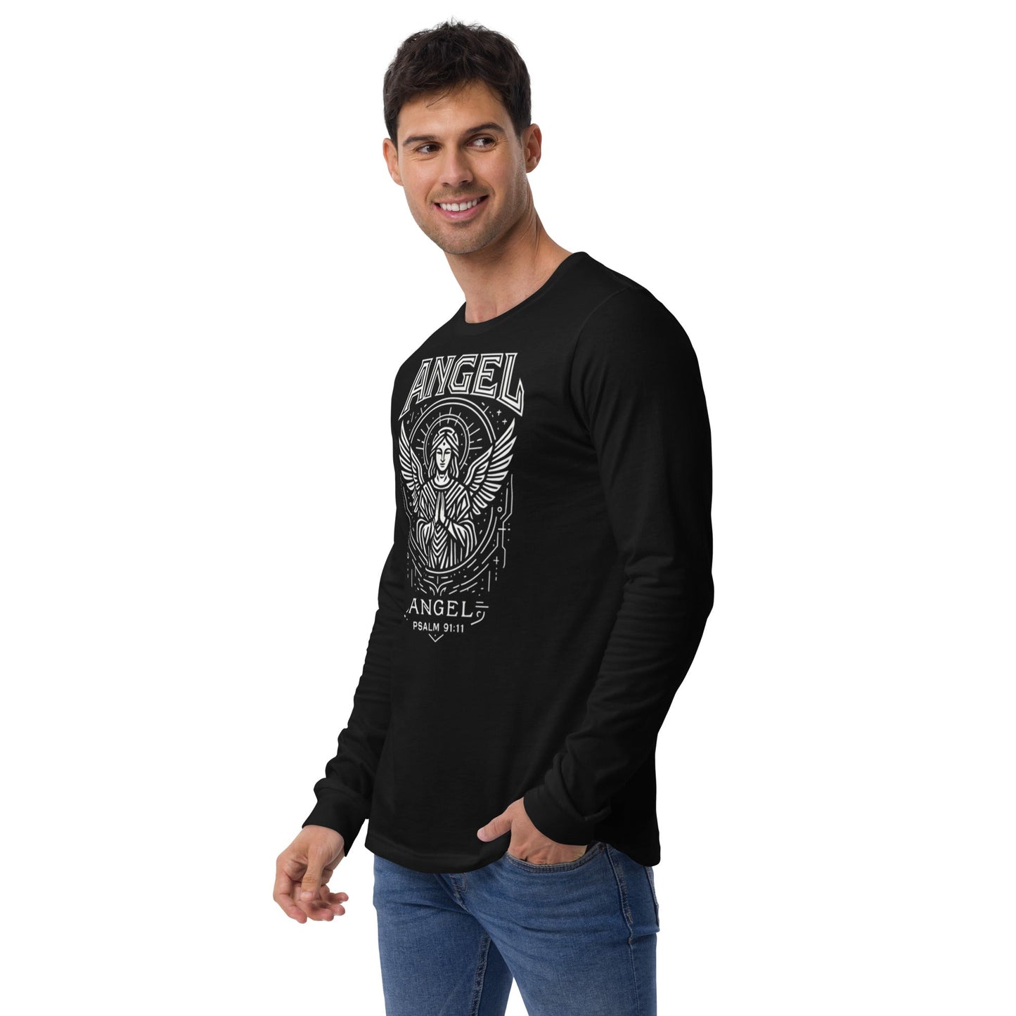Psalm 91:11 Unisex Black Christian Long Sleeve Angel Faith Design - WPiF