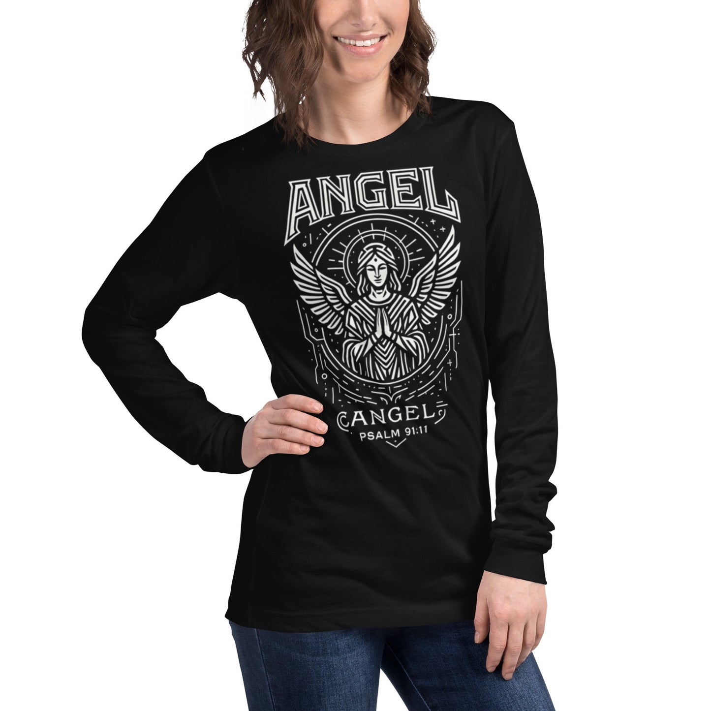 Psalm 91:11 Unisex Black Christian Long Sleeve Angel Faith Design - WPiF