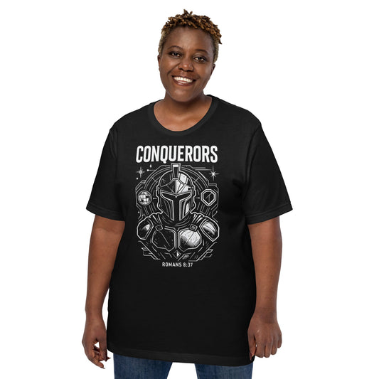 Romans 8:37 Unisex Black Christian T-Shirt Conquerors Design - WPiF