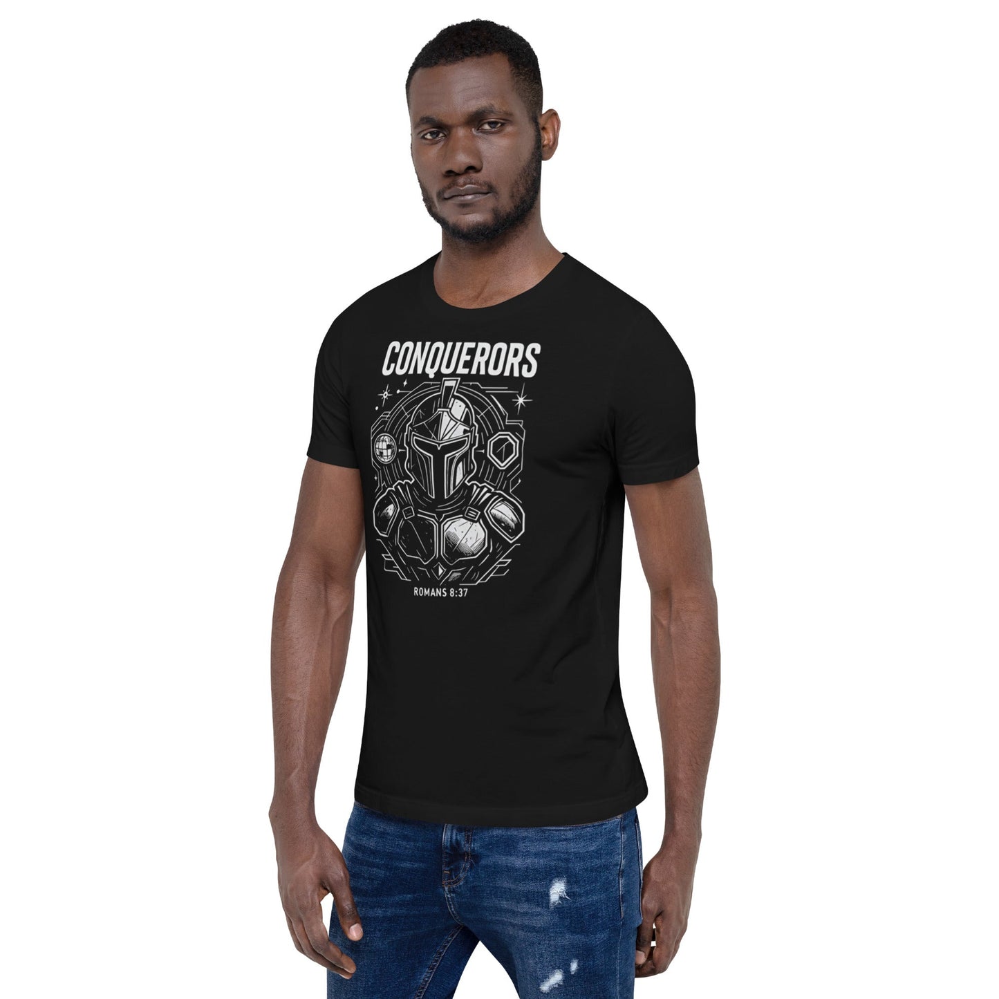 Romans 8:37 Unisex Black Christian T-Shirt Conquerors Design - WPiF
