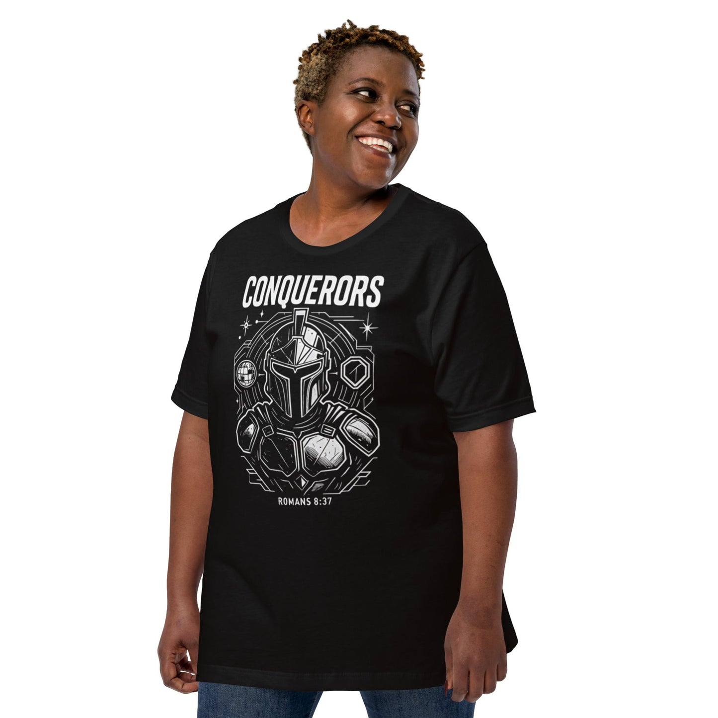 Romans 8:37 Unisex Black Christian T-Shirt Conquerors Design - WPiF