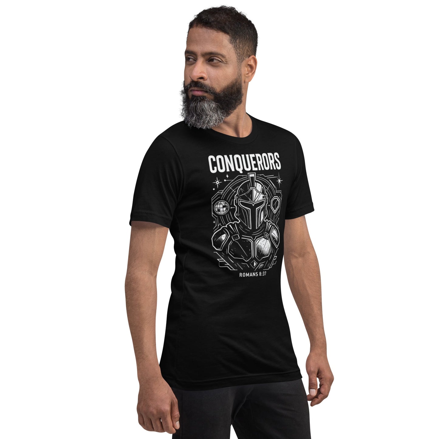 Romans 8:37 Unisex Black Christian T-Shirt Conquerors Design - WPiF
