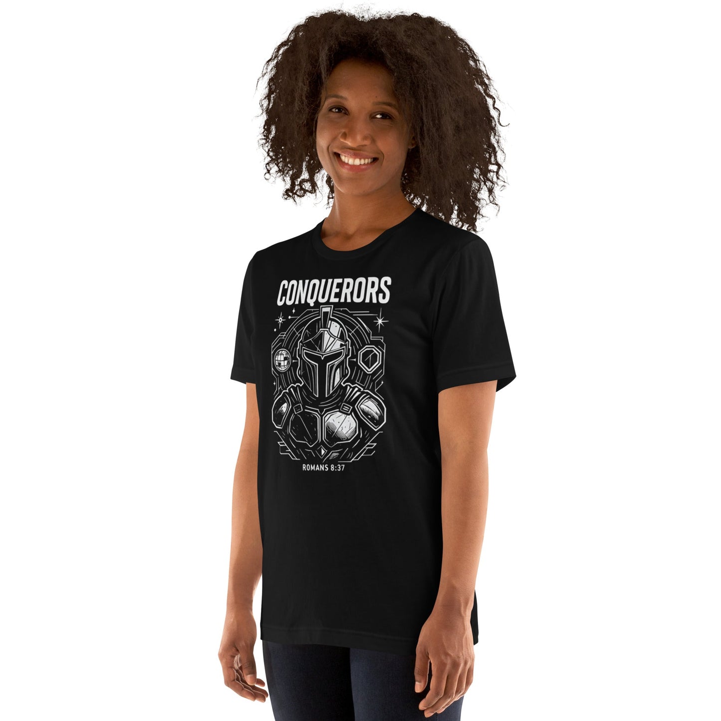 Romans 8:37 Unisex Black Christian T-Shirt Conquerors Design - WPiF