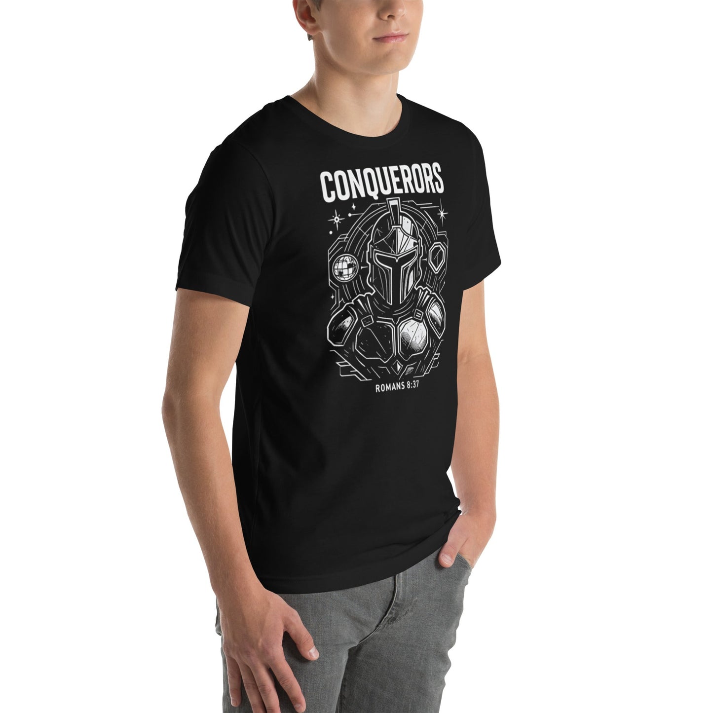 Romans 8:37 Unisex Black Christian T-Shirt Conquerors Design - WPiF