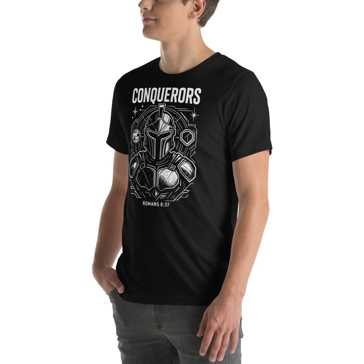 Romans 8:37 Unisex Black Christian T-Shirt Conquerors Design - WPiF