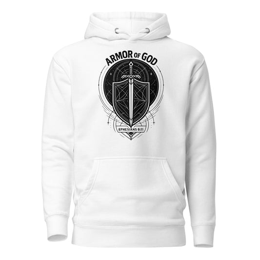 Ephesians 6:11 Unisex White Christian Hoodie Armour of God Design - WPiF