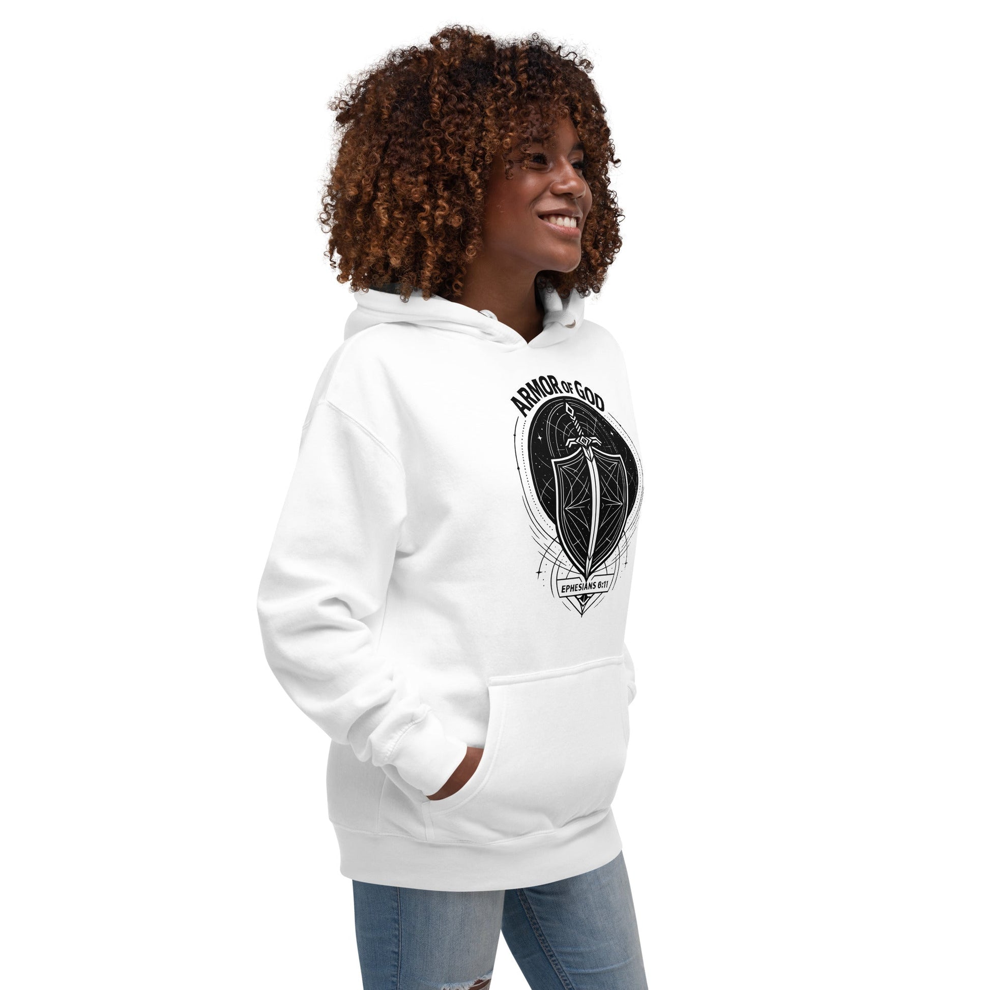Ephesians 6:11 Unisex White Christian Hoodie Armour of God Design - WPiF
