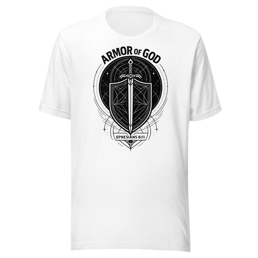 Ephesians 6:11 Unisex White Christian T-Shirt Armour of God Design - WPiF