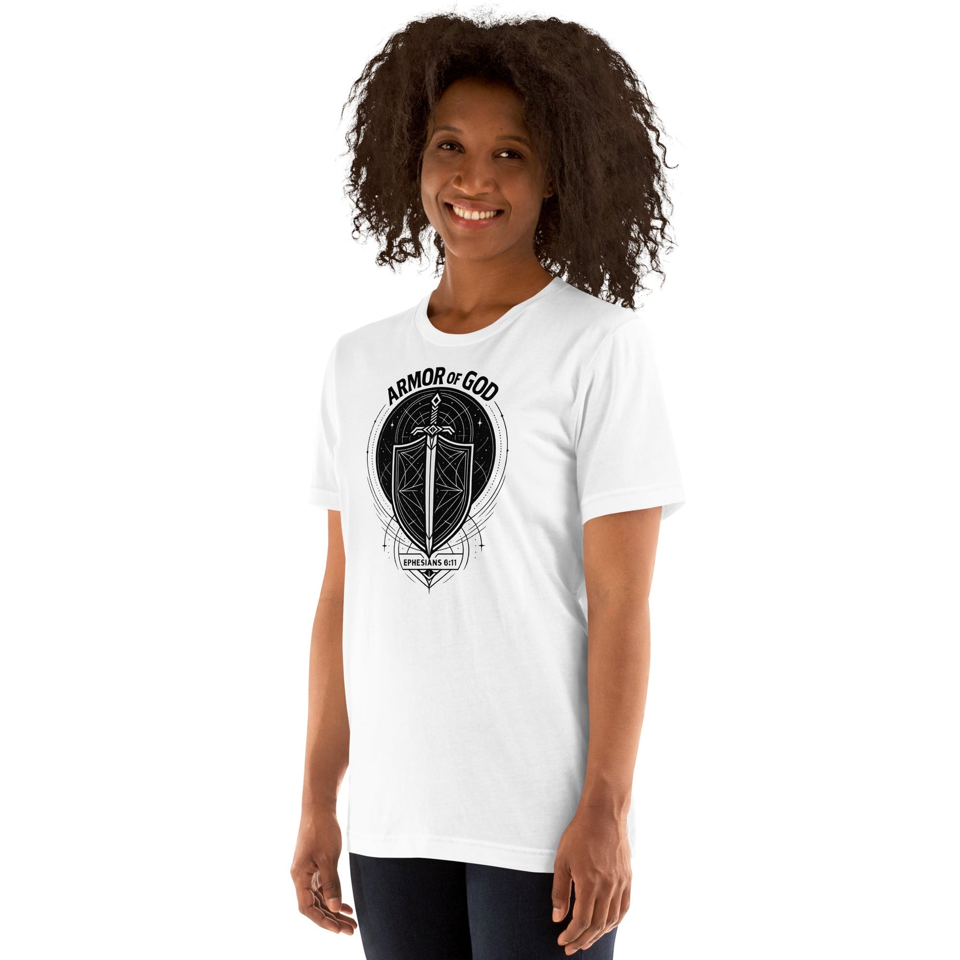 Ephesians 6:11 Unisex White Christian T-Shirt Armour of God Design - WPiF