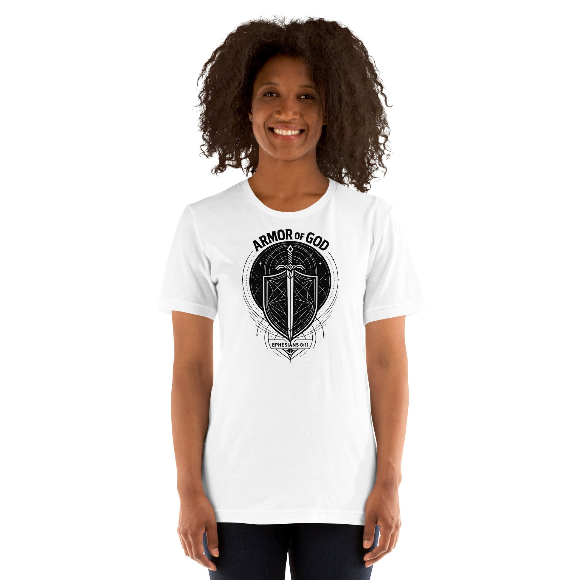 Ephesians 6:11 Unisex White Christian T-Shirt Armour of God Design - WPiF