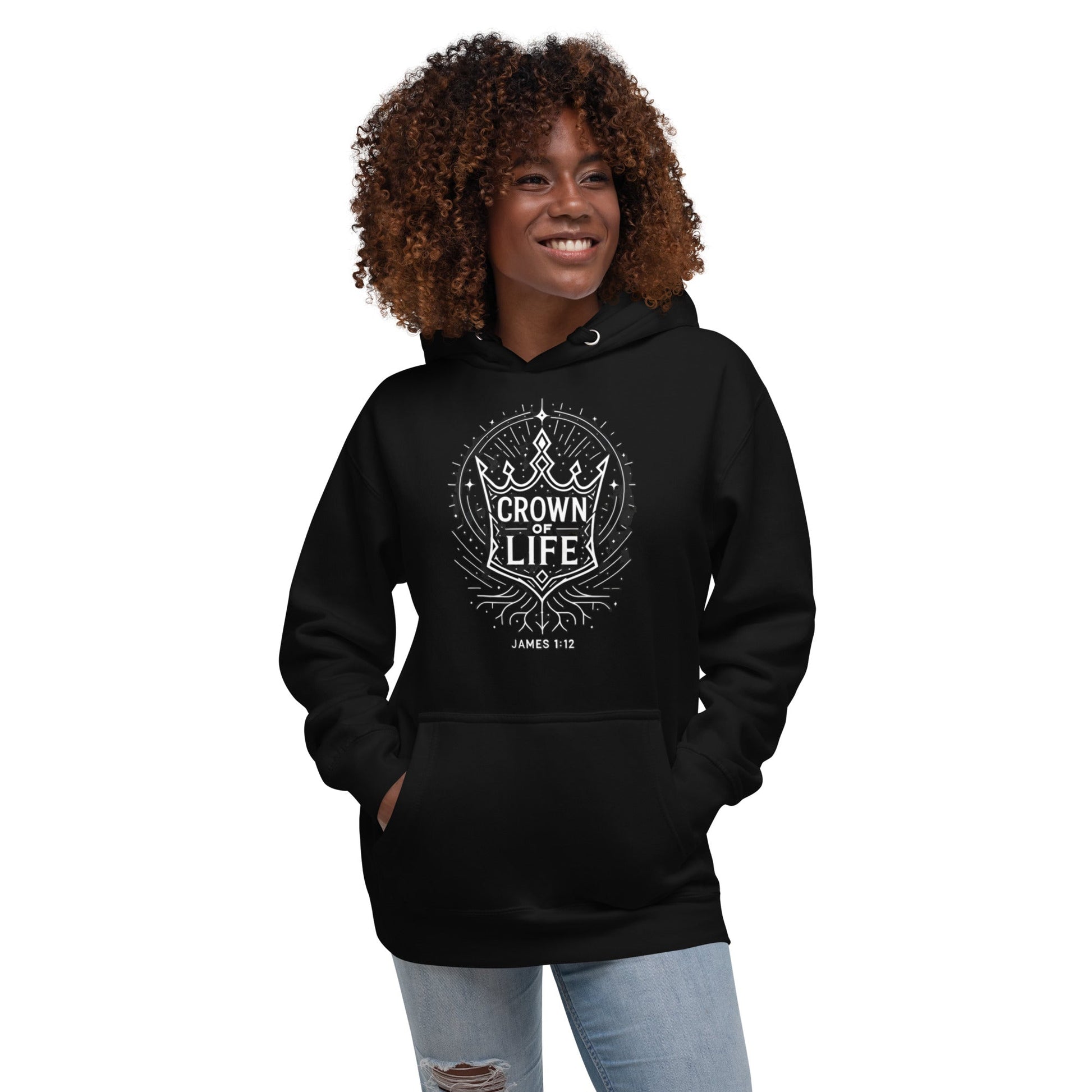 James 1:12 Unisex Black Christian Hoodie Crown of Life Design - WPiF