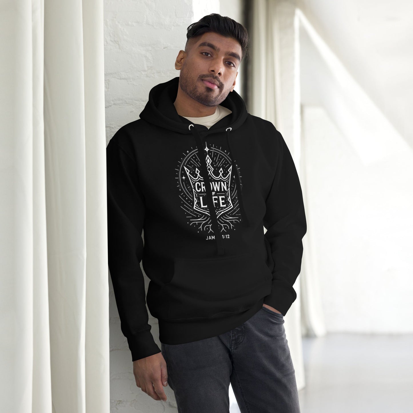 James 1:12 Unisex Black Christian Hoodie Crown of Life Design - WPiF
