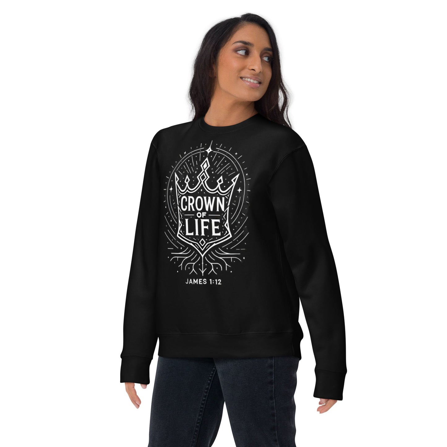 James 1:12 Unisex Black Christian Sweater Crown of Life Design - WPiF