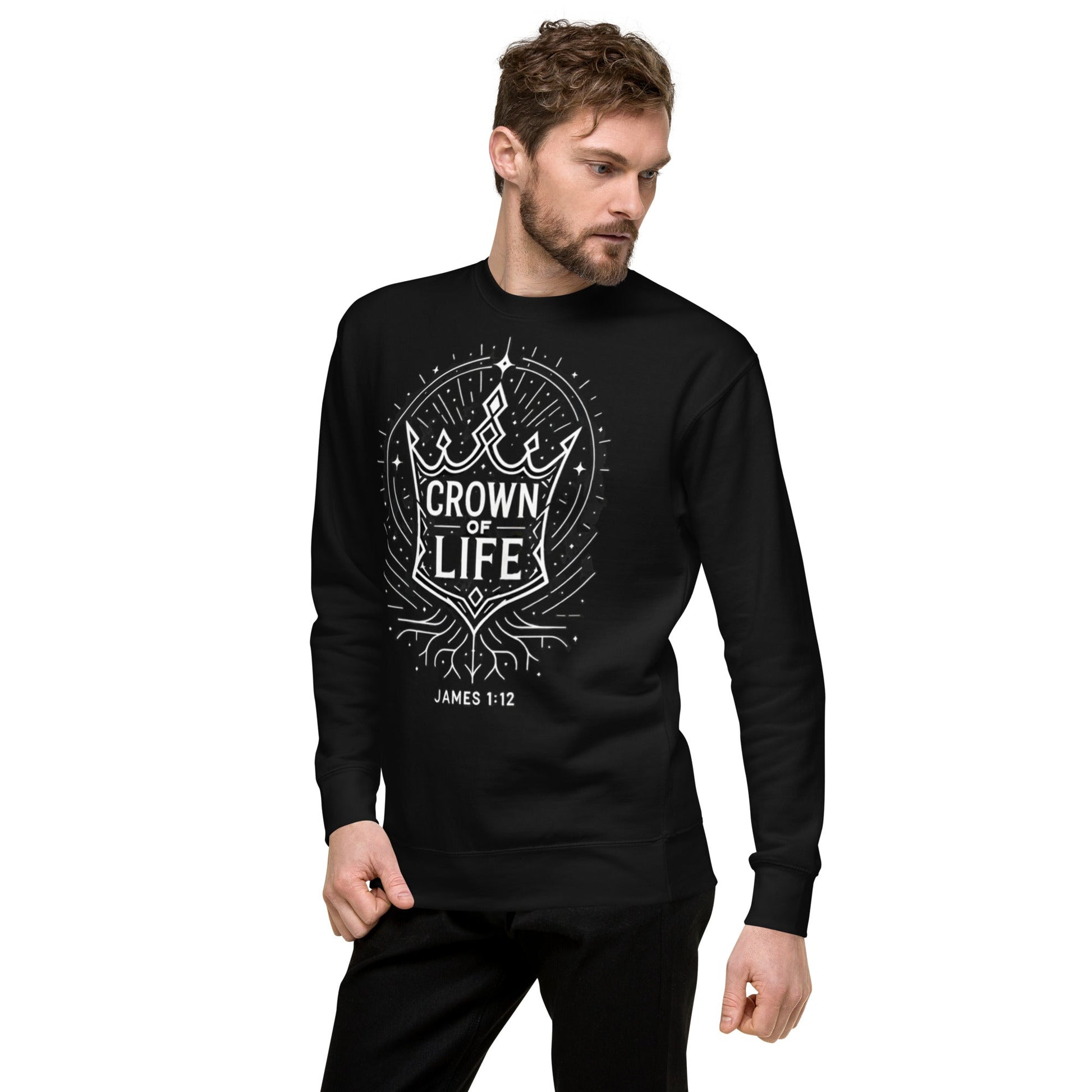 James 1:12 Unisex Black Christian Sweater Crown of Life Design - WPiF