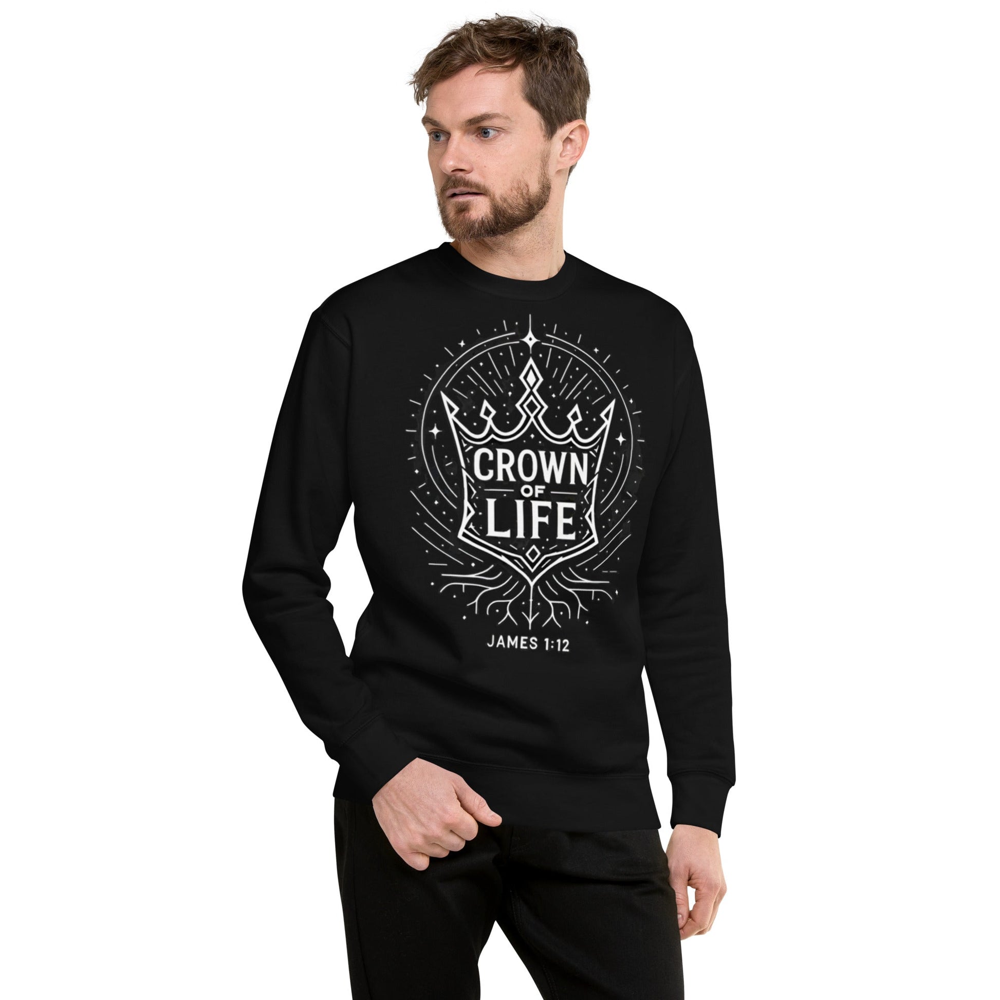James 1:12 Unisex Black Christian Sweater Crown of Life Design - WPiF