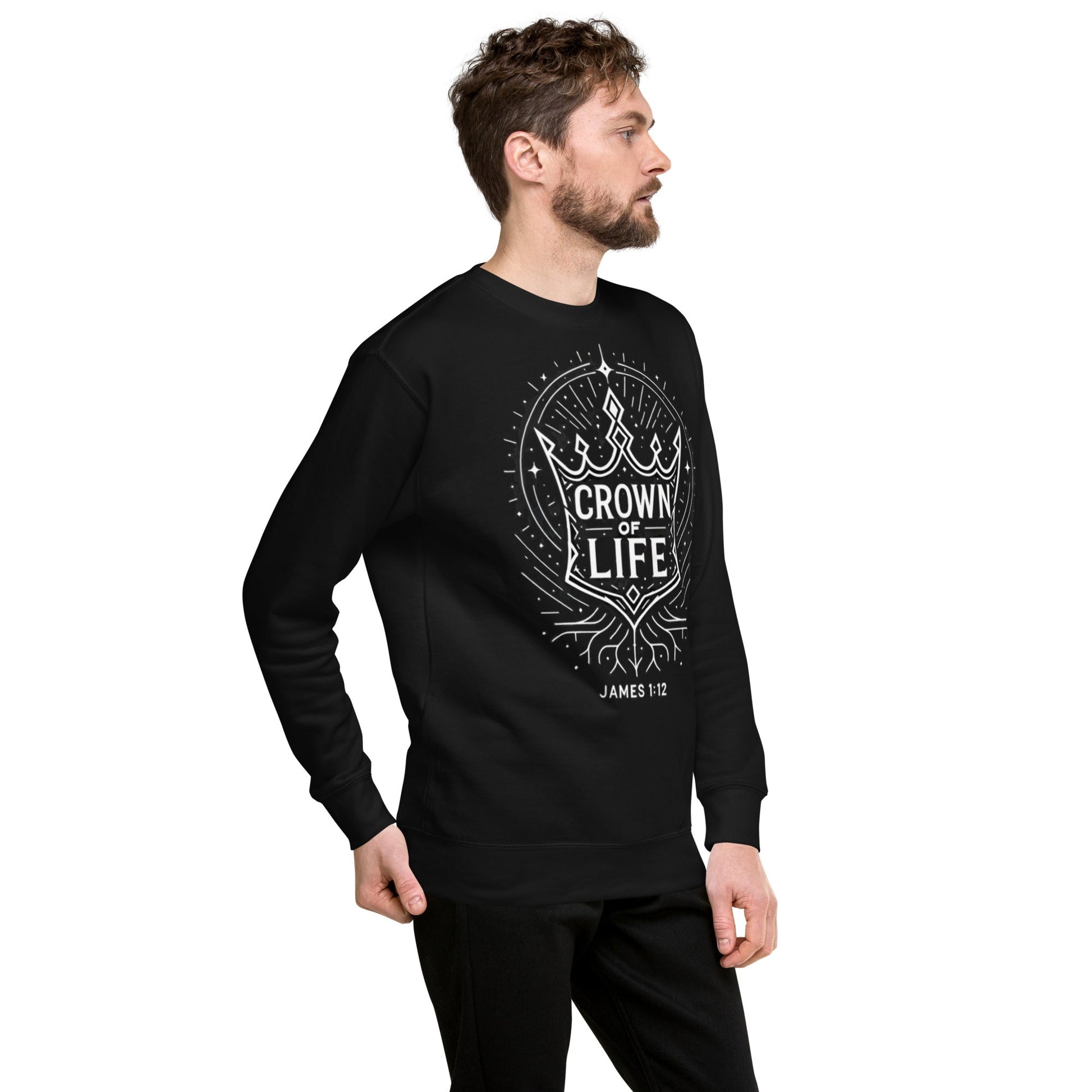 James 1:12 Unisex Black Christian Sweater Crown of Life Design - WPiF