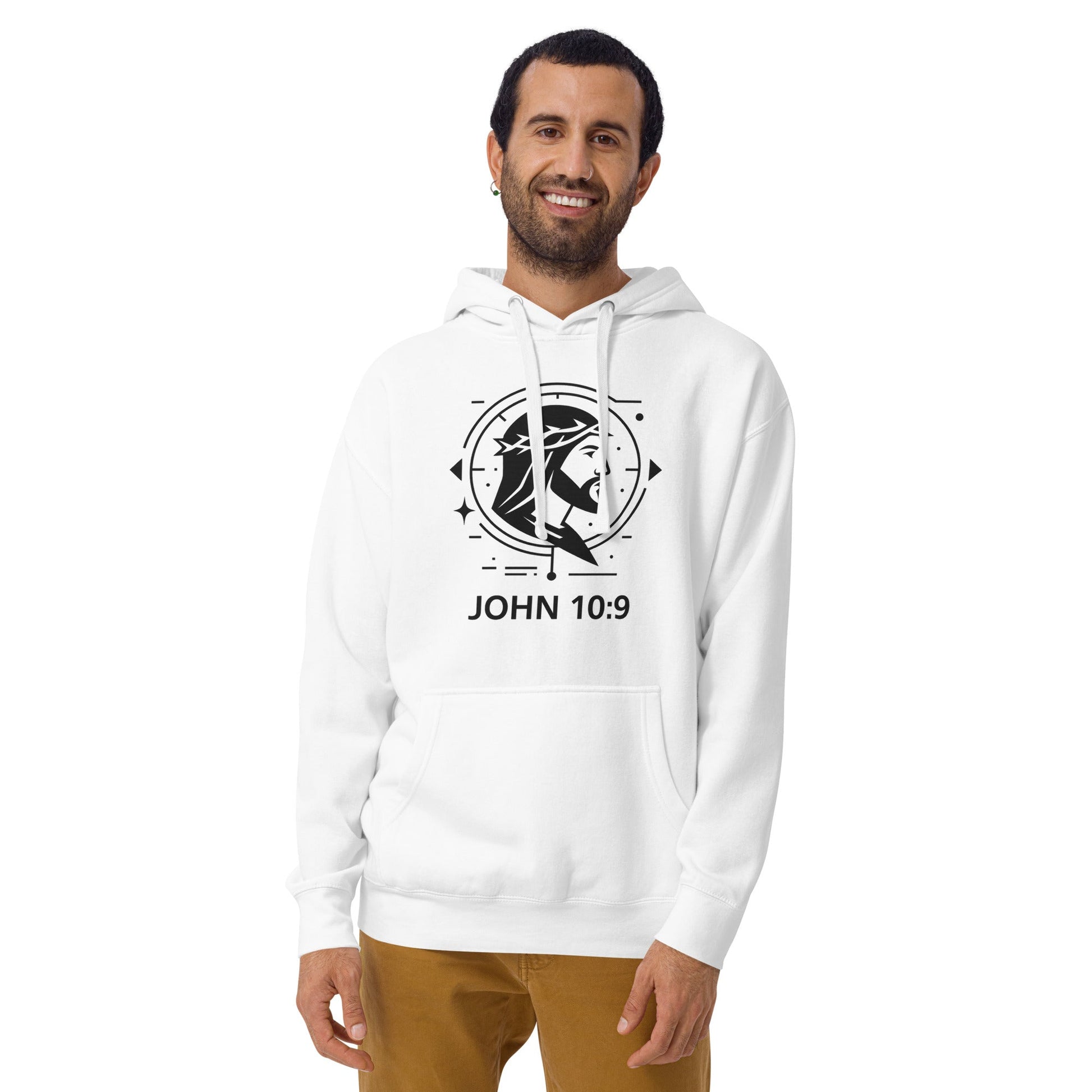 John 10:9 Unisex White Christian Hoodie Unique Faith Design - WPiF