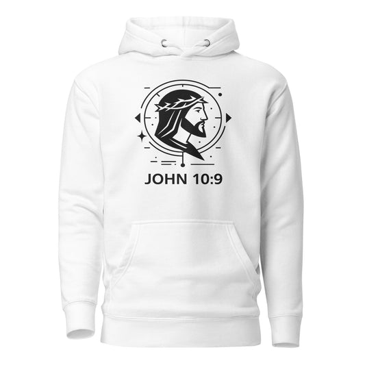 John 10:9 Unisex White Christian Hoodie Unique Faith Design - WPiF