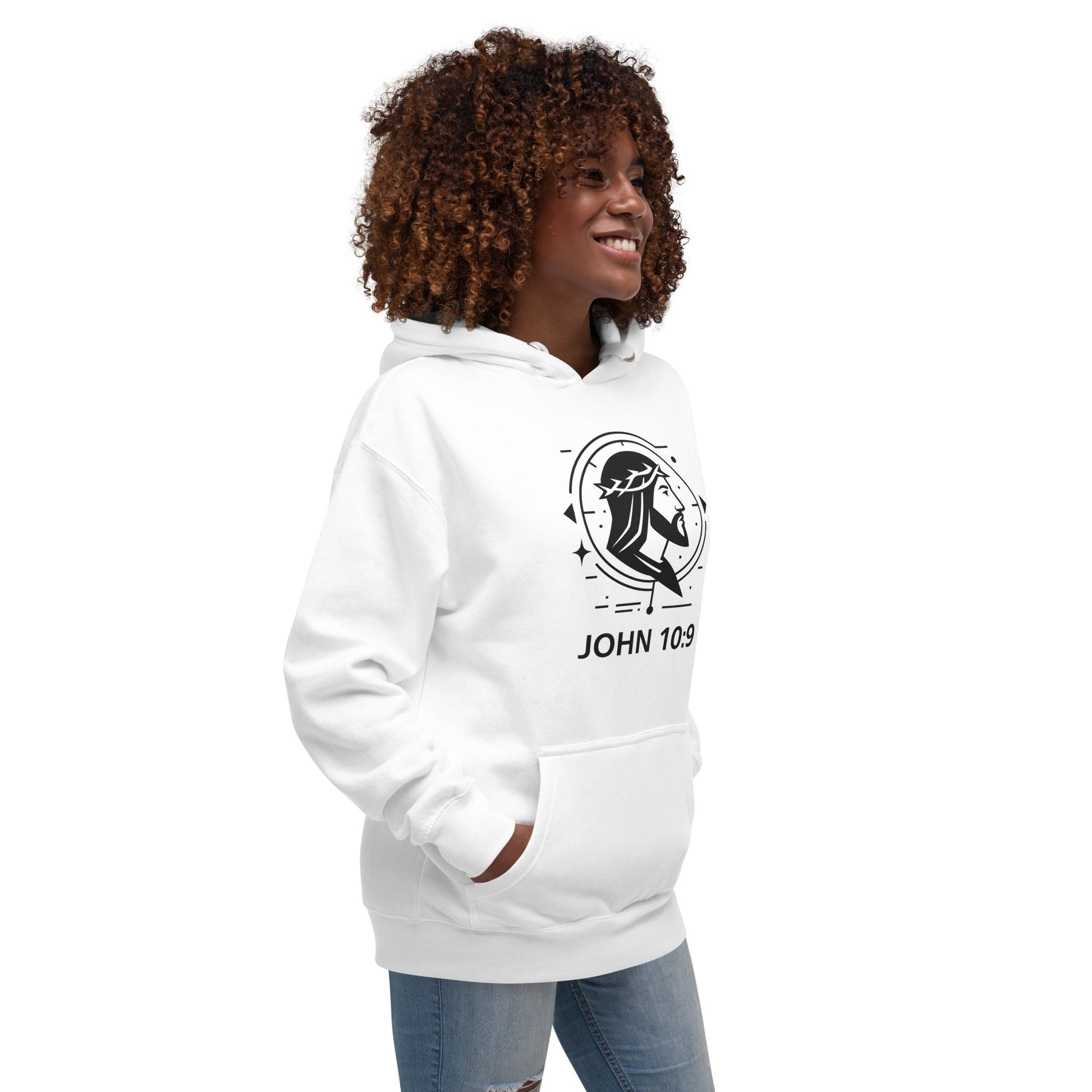 John 10:9 Unisex White Christian Hoodie Unique Faith Design - WPiF