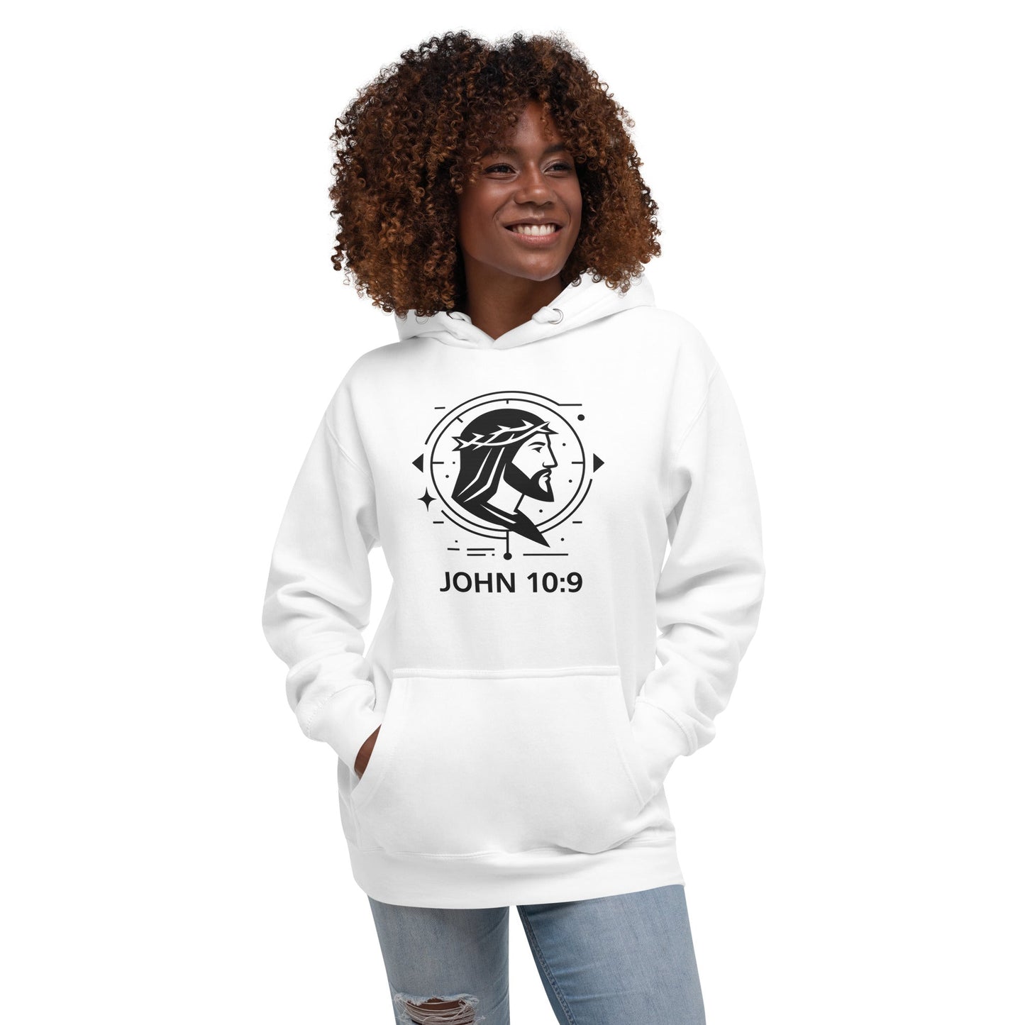 John 10:9 Unisex White Christian Hoodie Unique Faith Design - WPiF