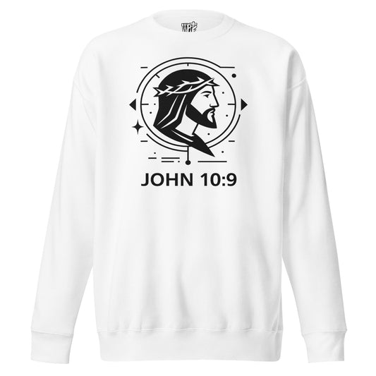 John 10:9 Unisex White Christian Sweater Unique Faith Design - WPiF