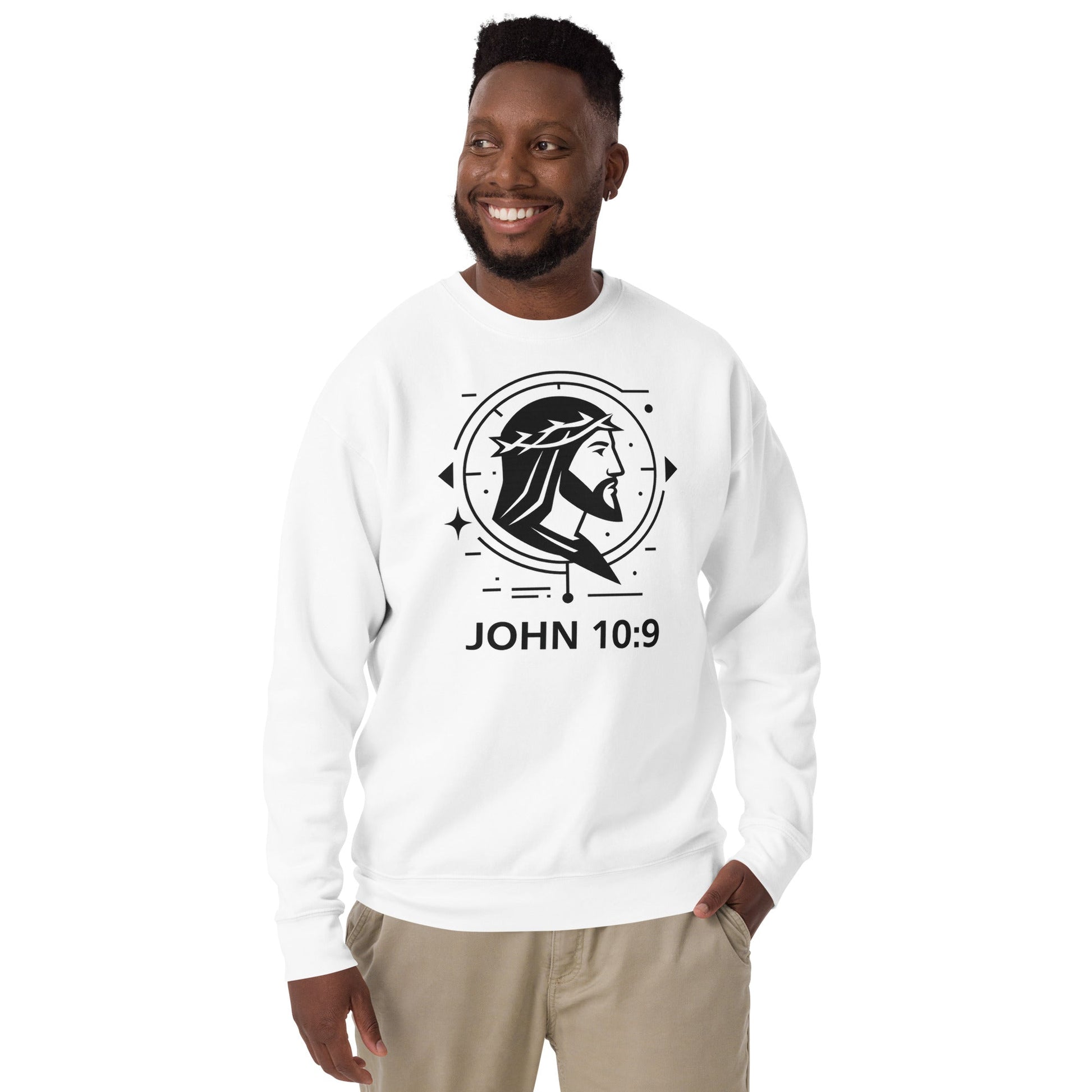 John 10:9 Unisex White Christian Sweater Unique Faith Design - WPiF