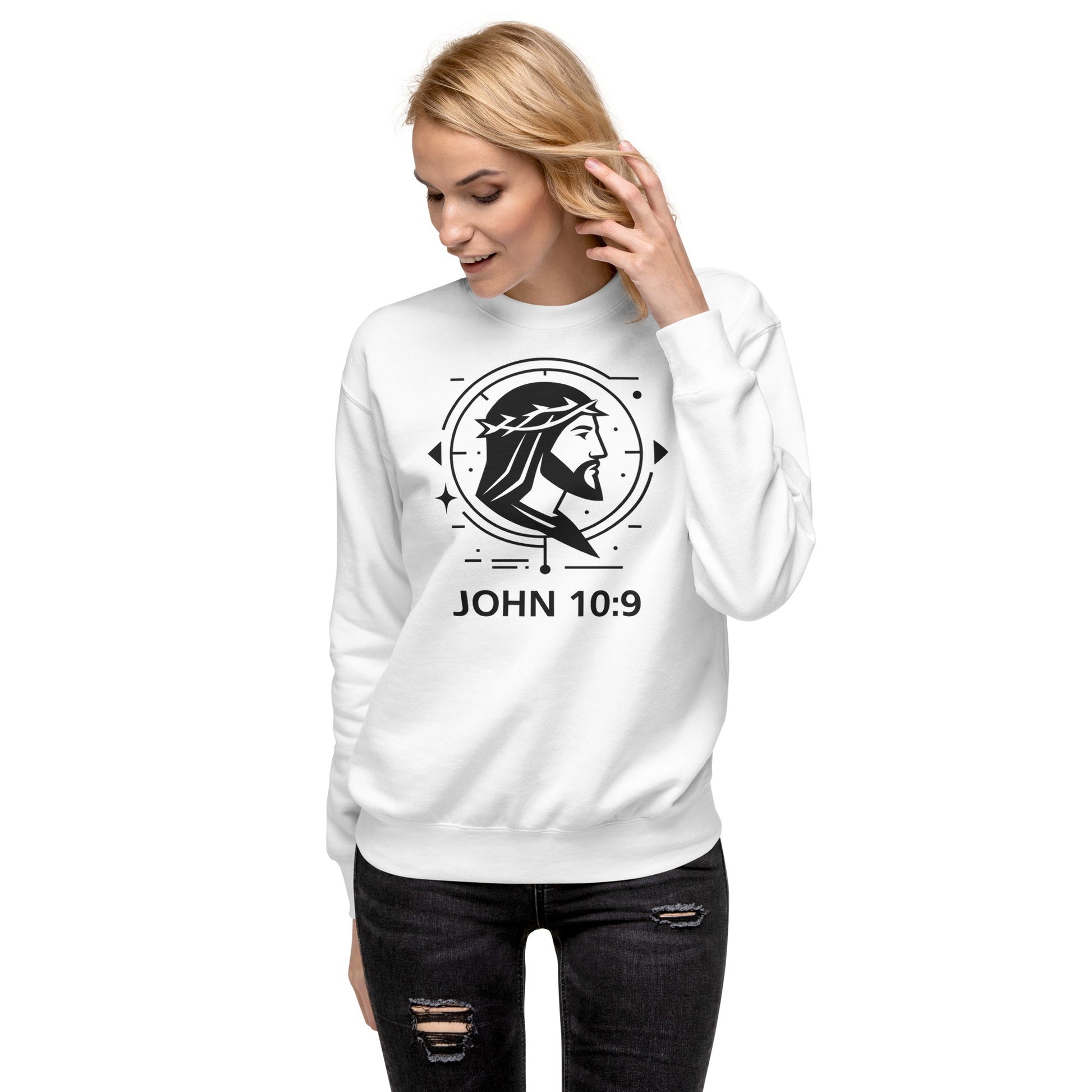 John 10:9 Unisex White Christian Sweater Unique Faith Design - WPiF