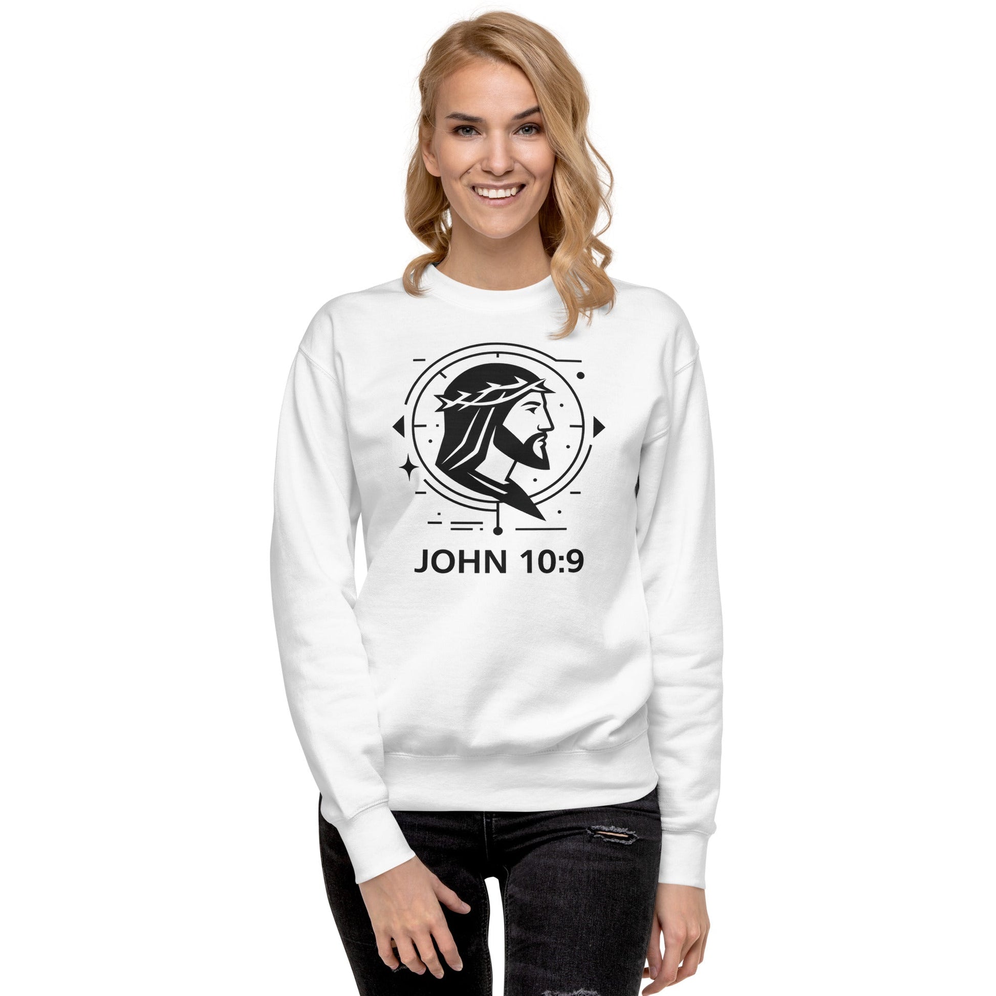 John 10:9 Unisex White Christian Sweater Unique Faith Design - WPiF