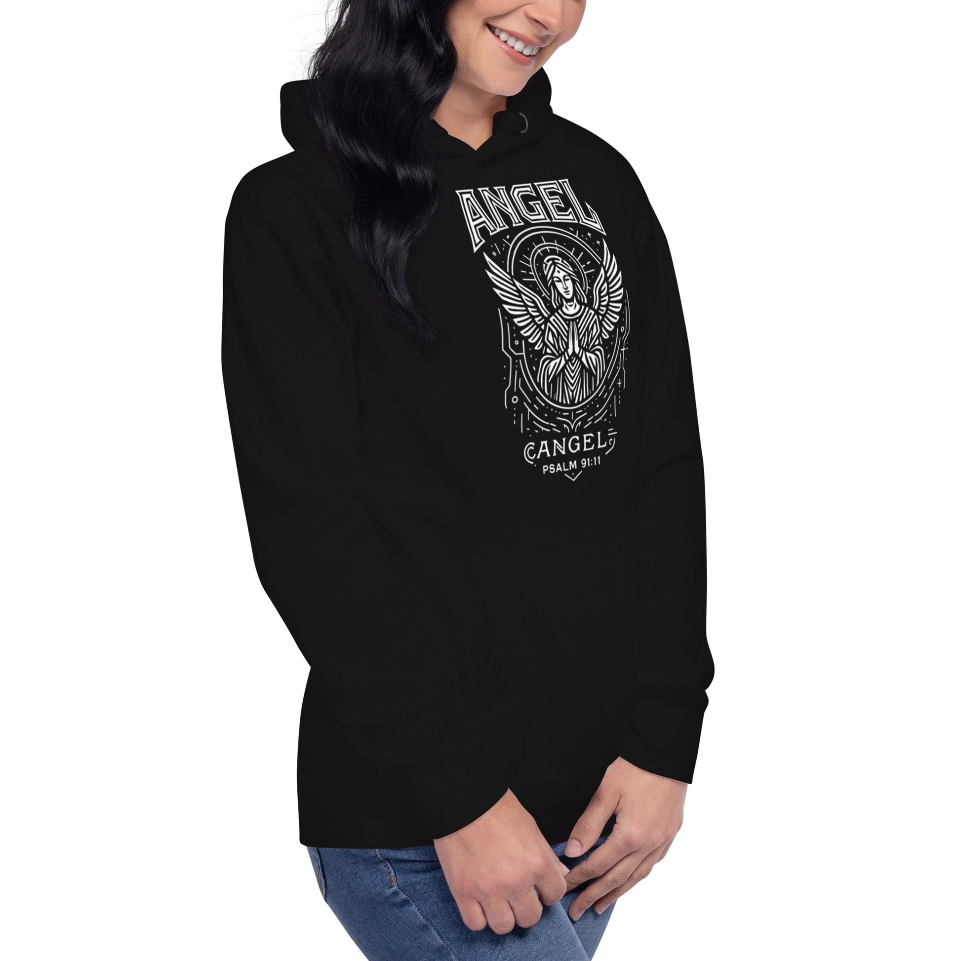 Psalm 91:11 Unisex Black Christian Hoodie Angel Faith Design - WPiF