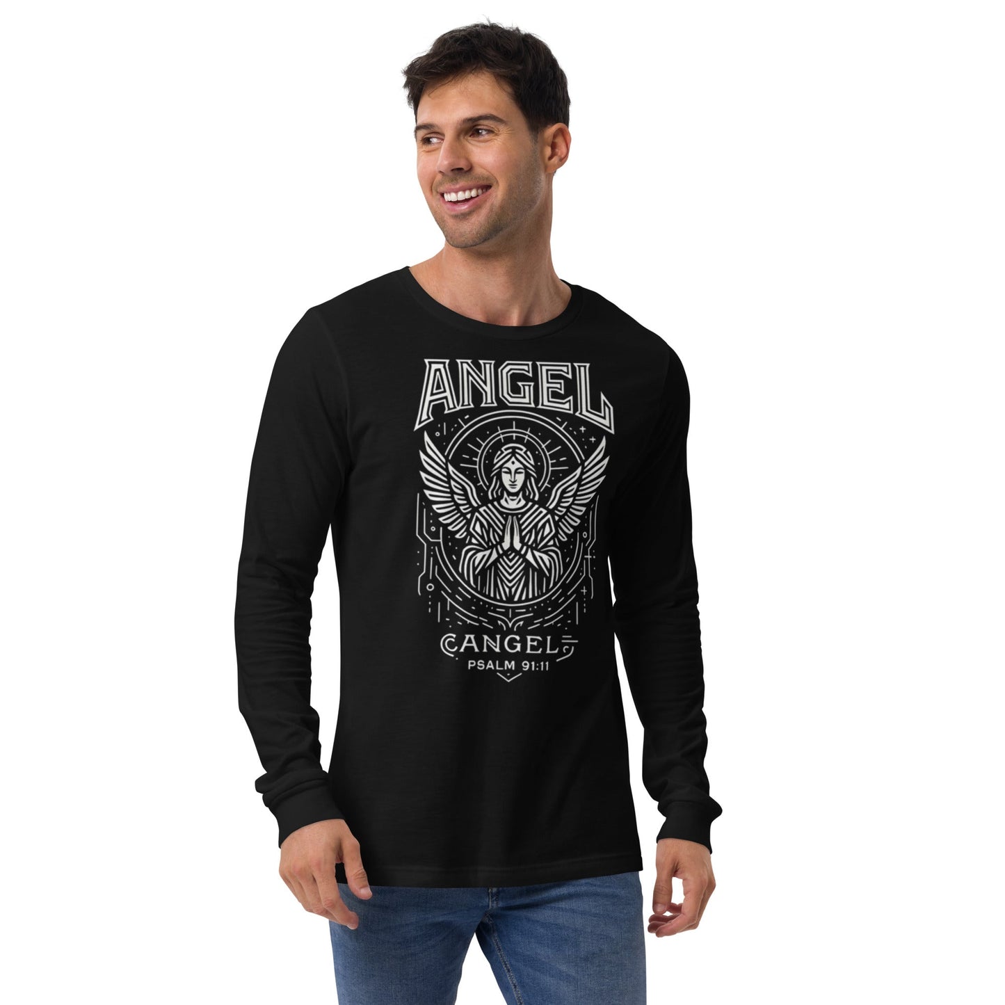 Psalm 91:11 Unisex Black Christian Long Sleeve Angel Faith Design - WPiF