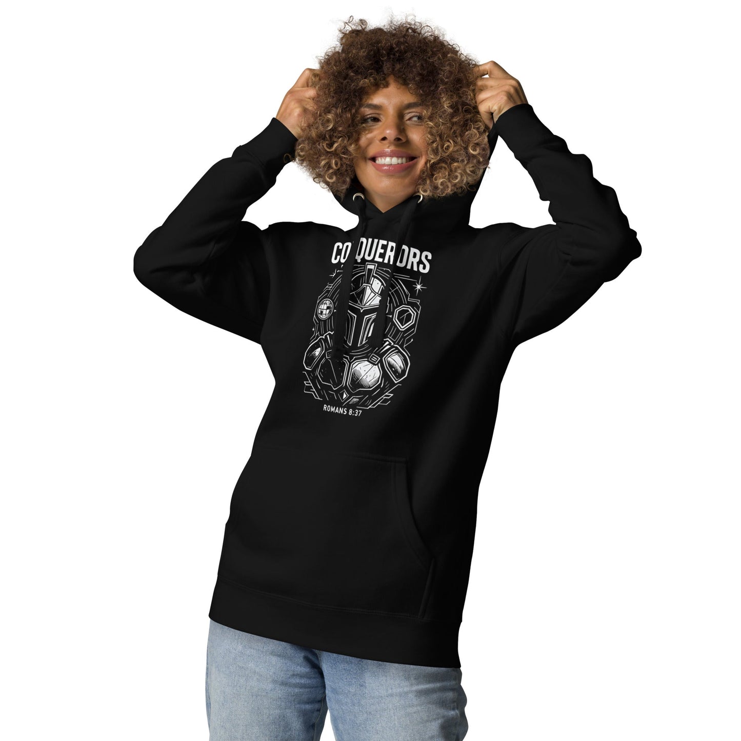 Romans 8:37 Unisex Black Christian Hoodie Conquerors Design - WPiF