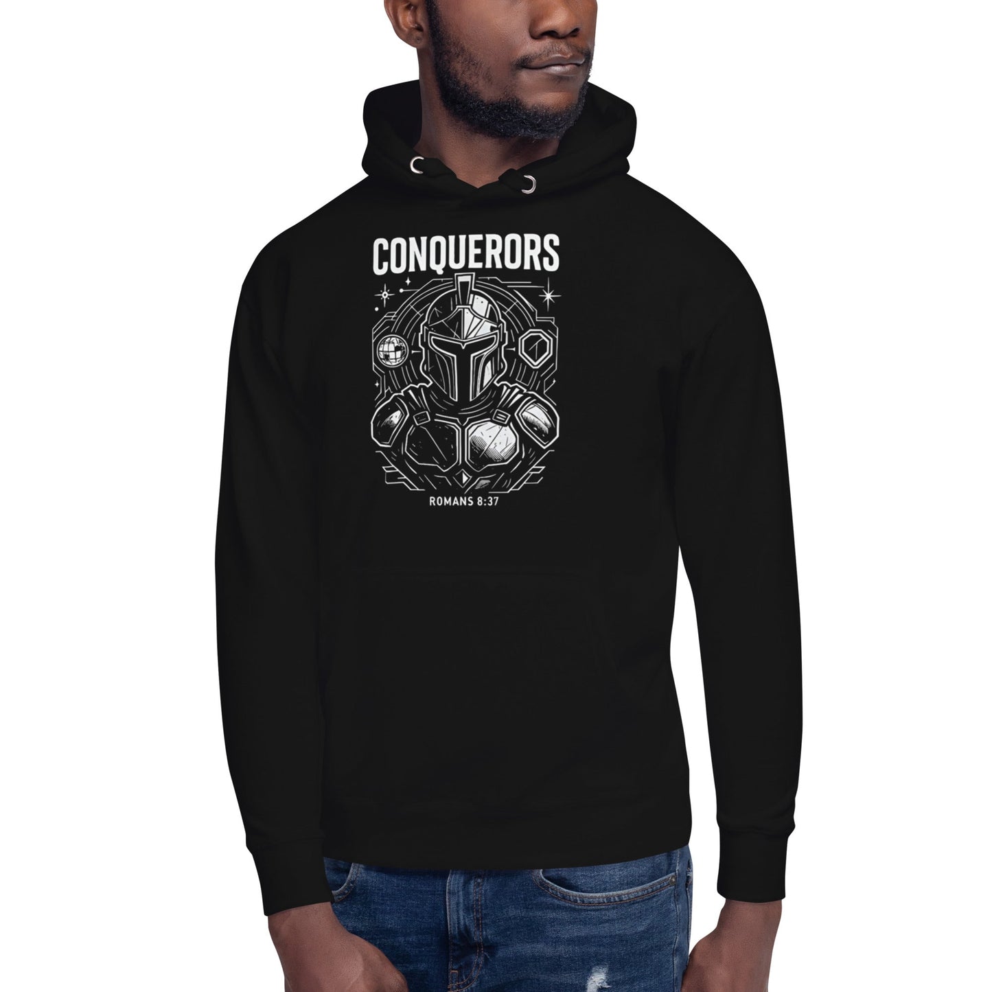 Romans 8:37 Unisex Black Christian Hoodie Conquerors Design - WPiF