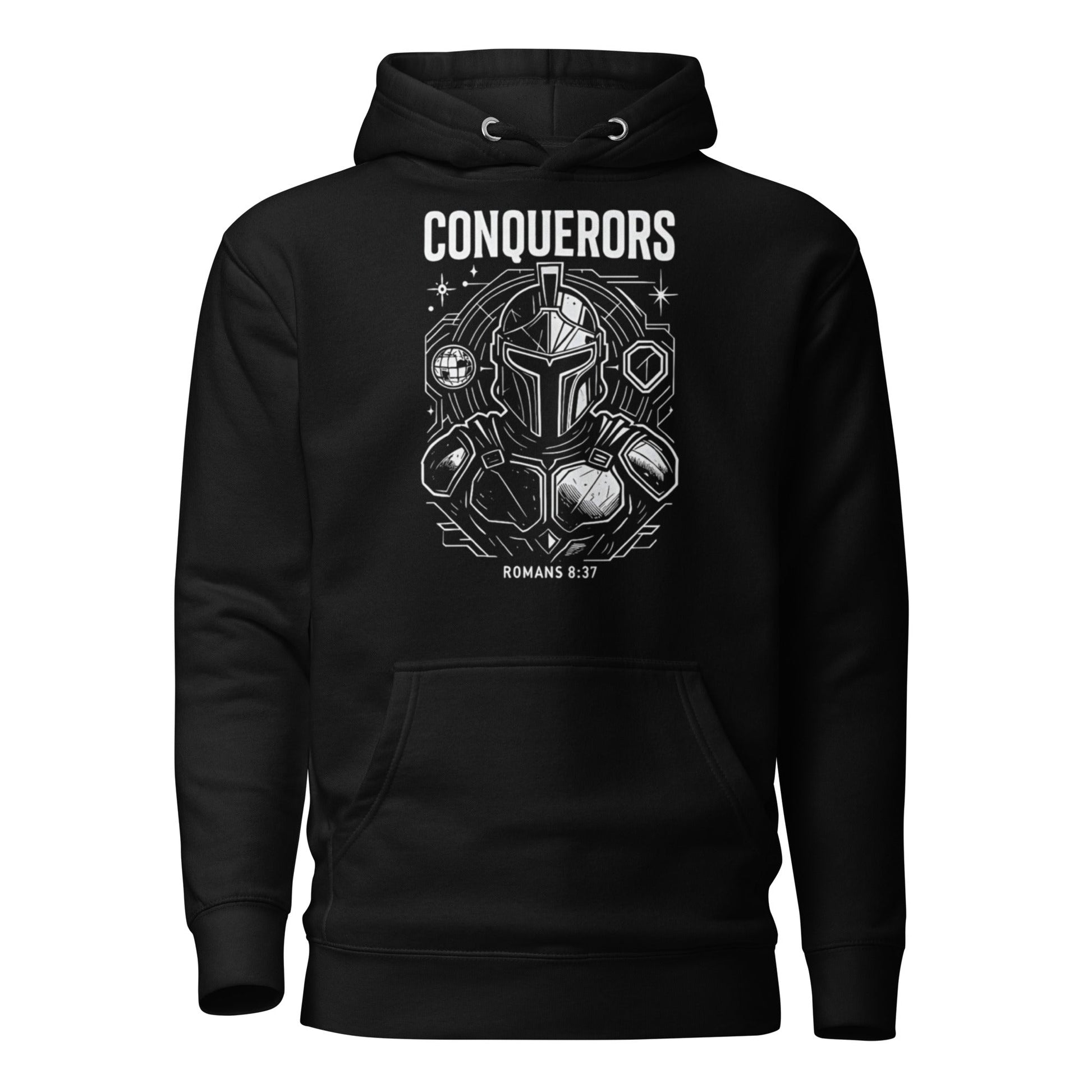 Romans 8:37 Unisex Black Christian Hoodie Conquerors Design - WPiF