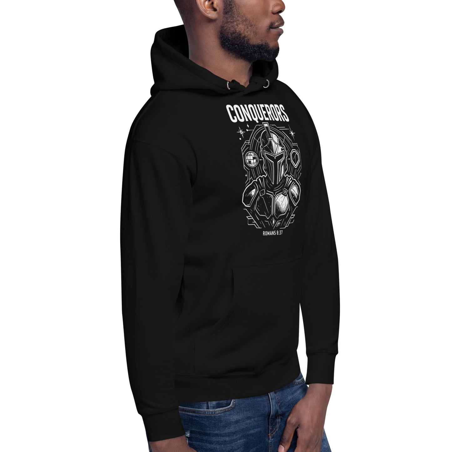 Romans 8:37 Unisex Black Christian Hoodie Conquerors Design - WPiF