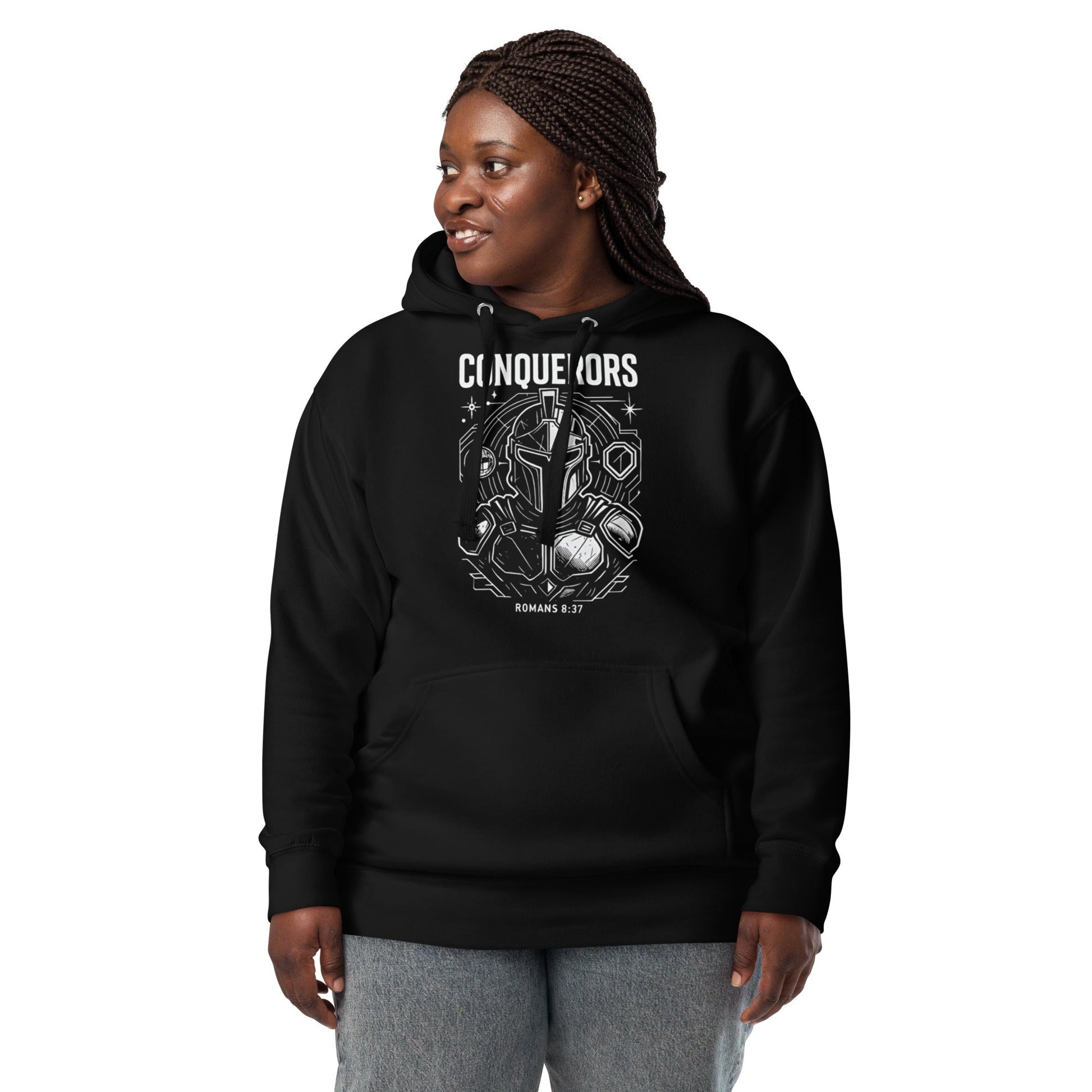 Romans 8:37 Unisex Black Christian Hoodie Conquerors Design - WPiF