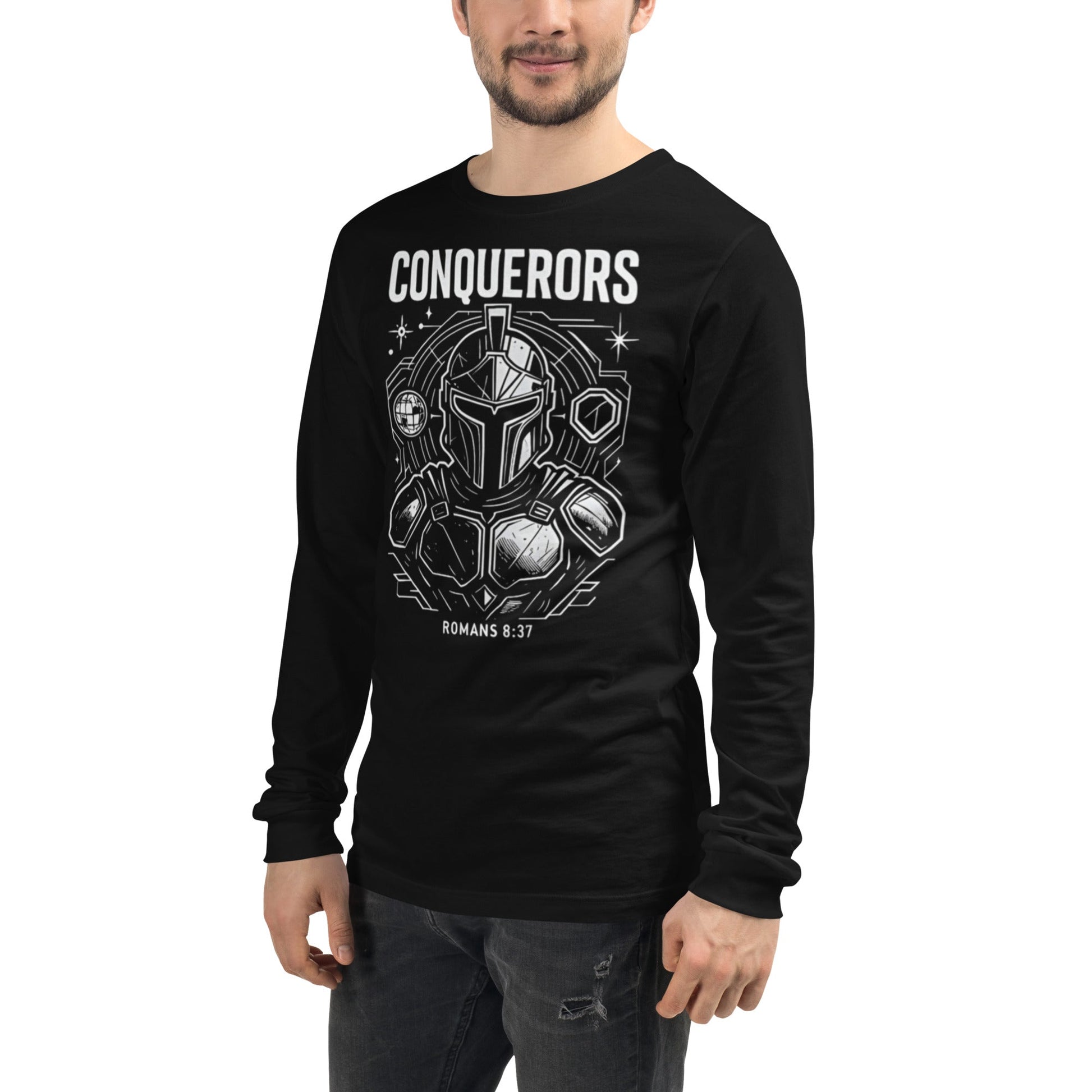 Romans 8:37 Unisex Black Christian Long Sleeve Conquerors - WPiF
